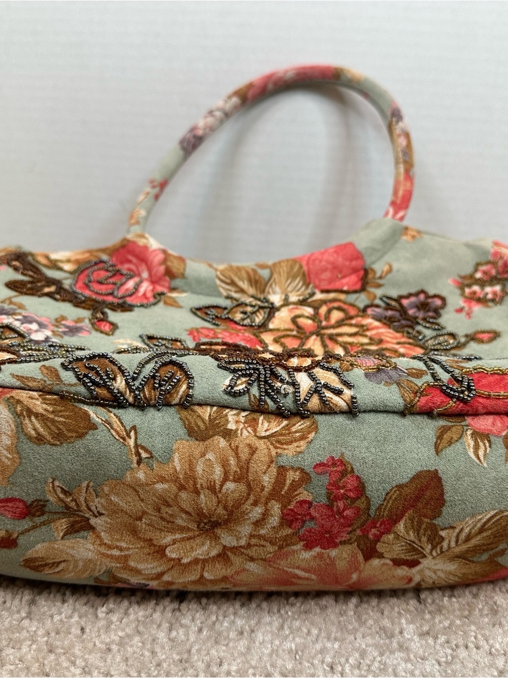 Floral Embroidered Circle Handle Shoulder Bag - Sage Green and Coral Accents - Picture 6 of 8